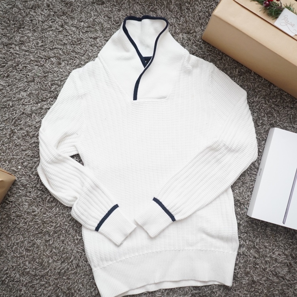White And Navy Blue Turtleneck Sweater